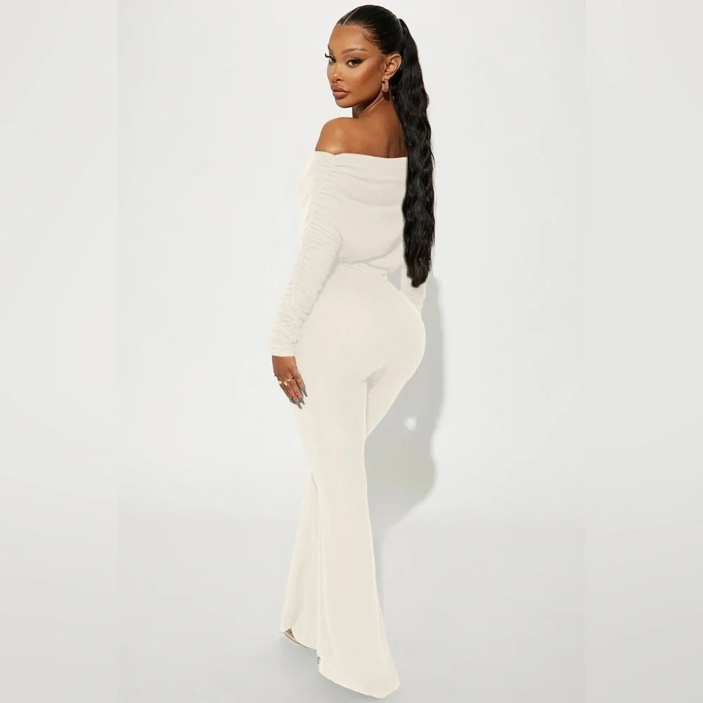 NWOT Fashion Nova Off-Shoulder Cream Jumpsuit